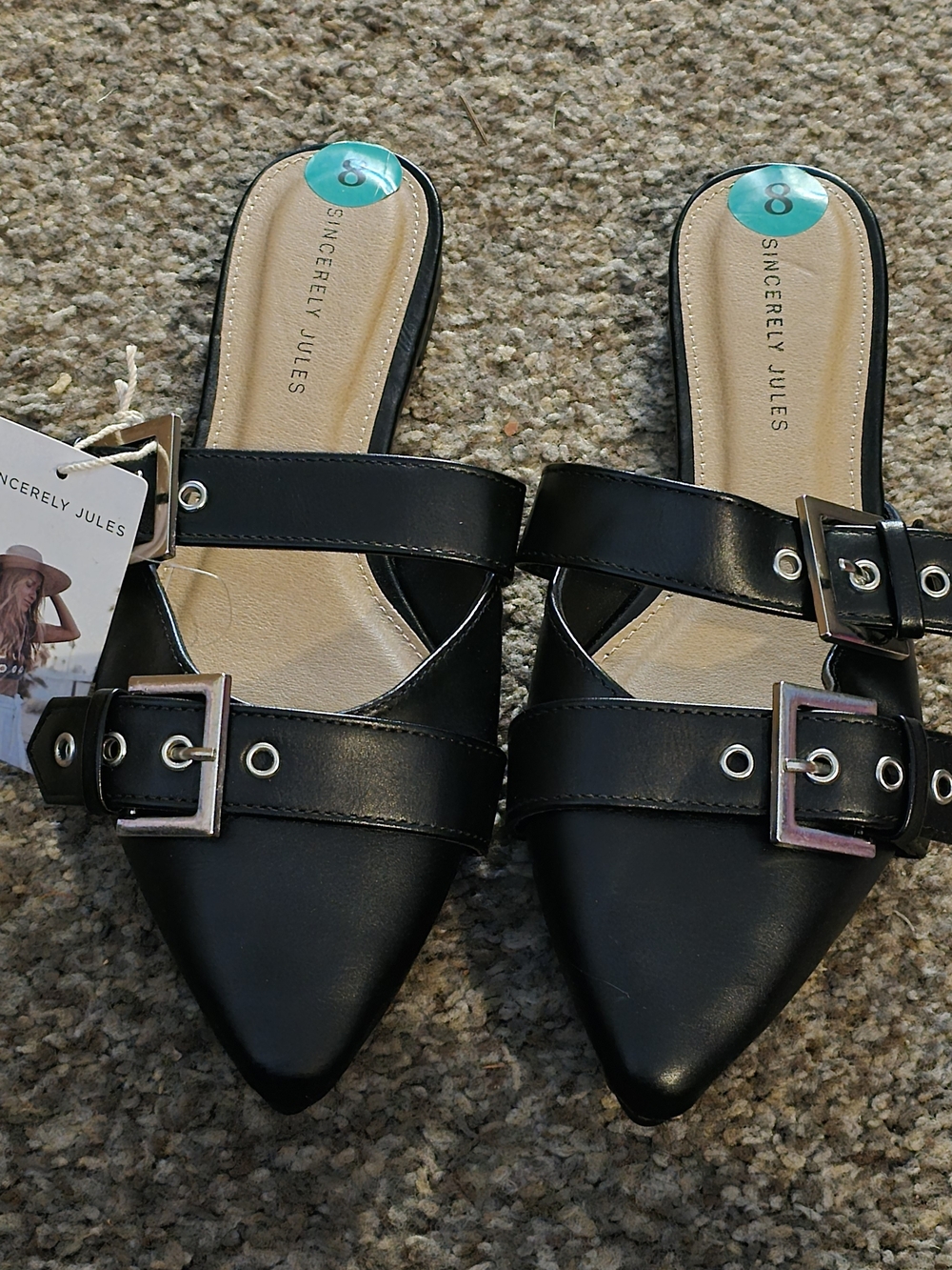 Sincerly Jules Black Pointed Buckle Mule Flats